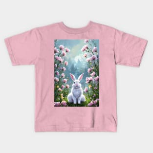 Fluffy white bunny rabbit in the woods with pink flowers Kids T-Shirt